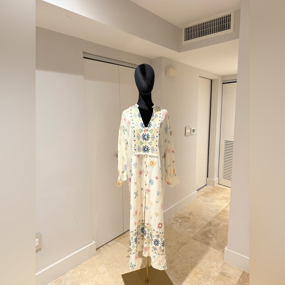 Zara Cream Long Sleeve Floral Embroidered Maxi Dress